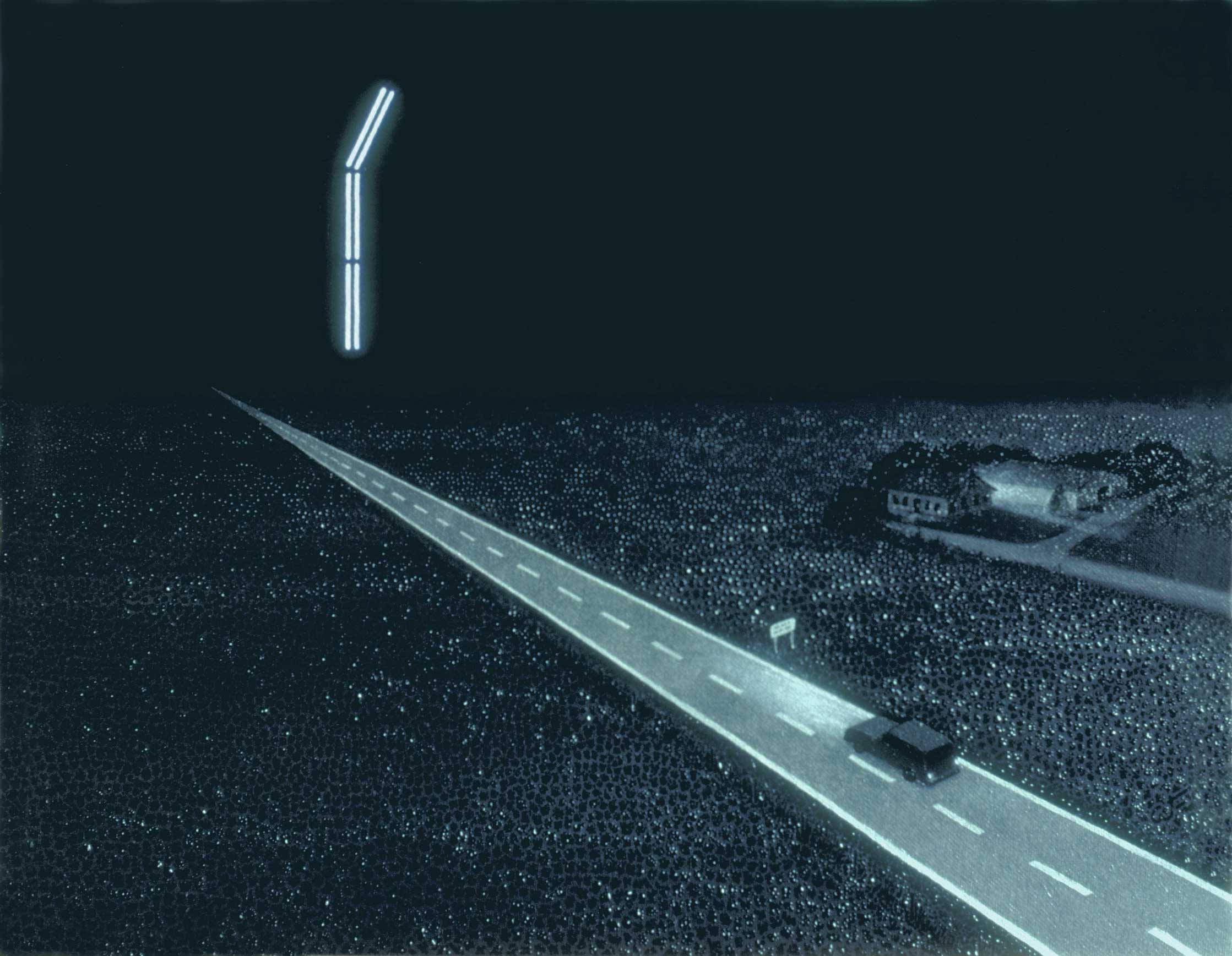 night view looking down on lone car on empty highway bound for indefinite horizon-- lonely farmhouse off to right, strange lights in sky ahead