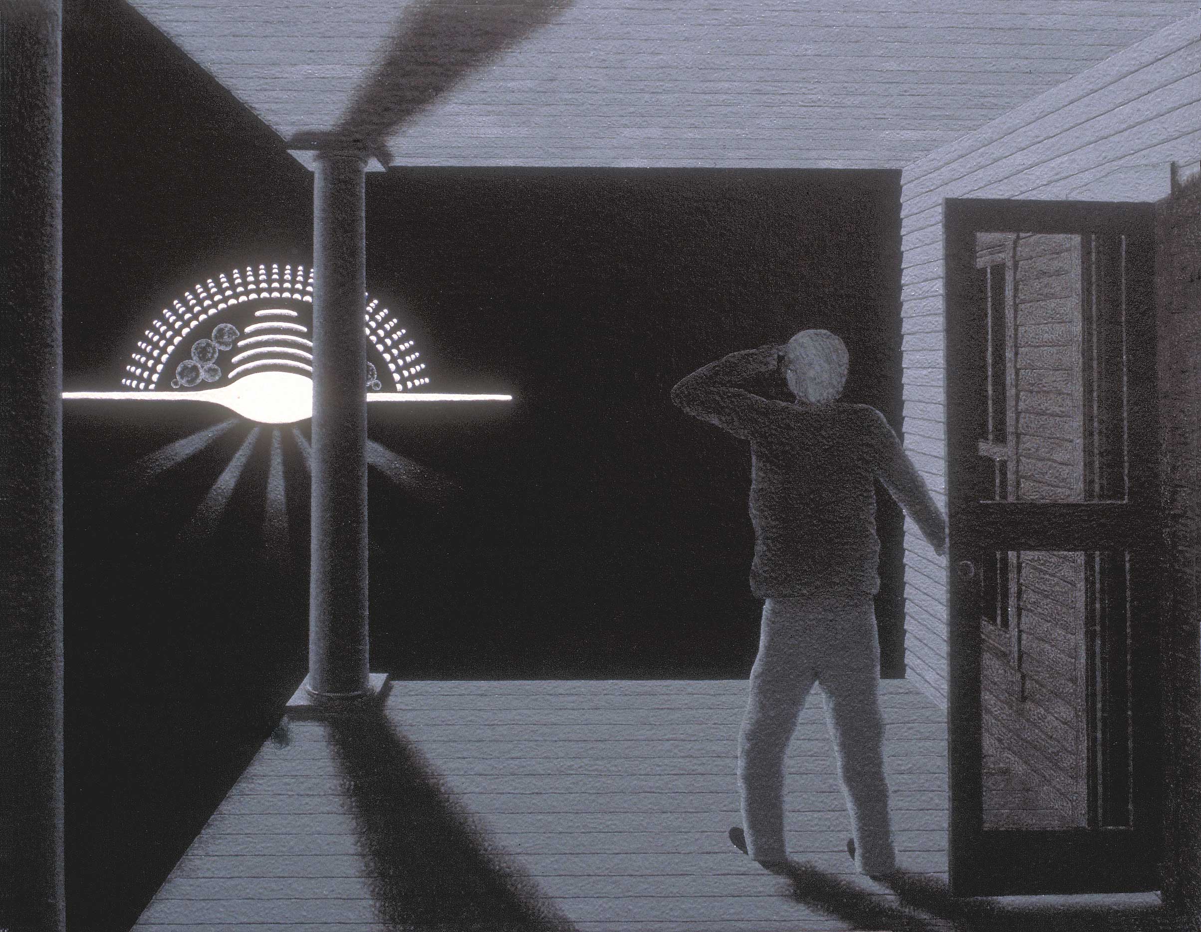A brilliant, complex UFO surprises a lonely resident at night, who has just stepped outside onto his porch
