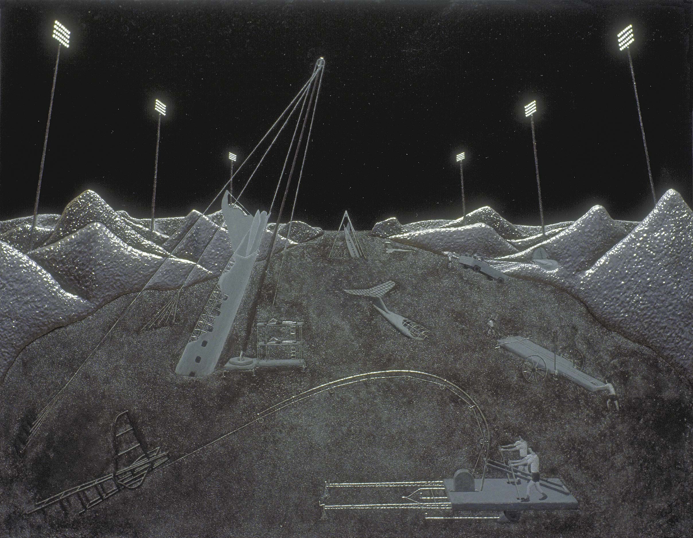 Painting of two-man teams competing to pull crashed airplanes out of the ground using various contraptions