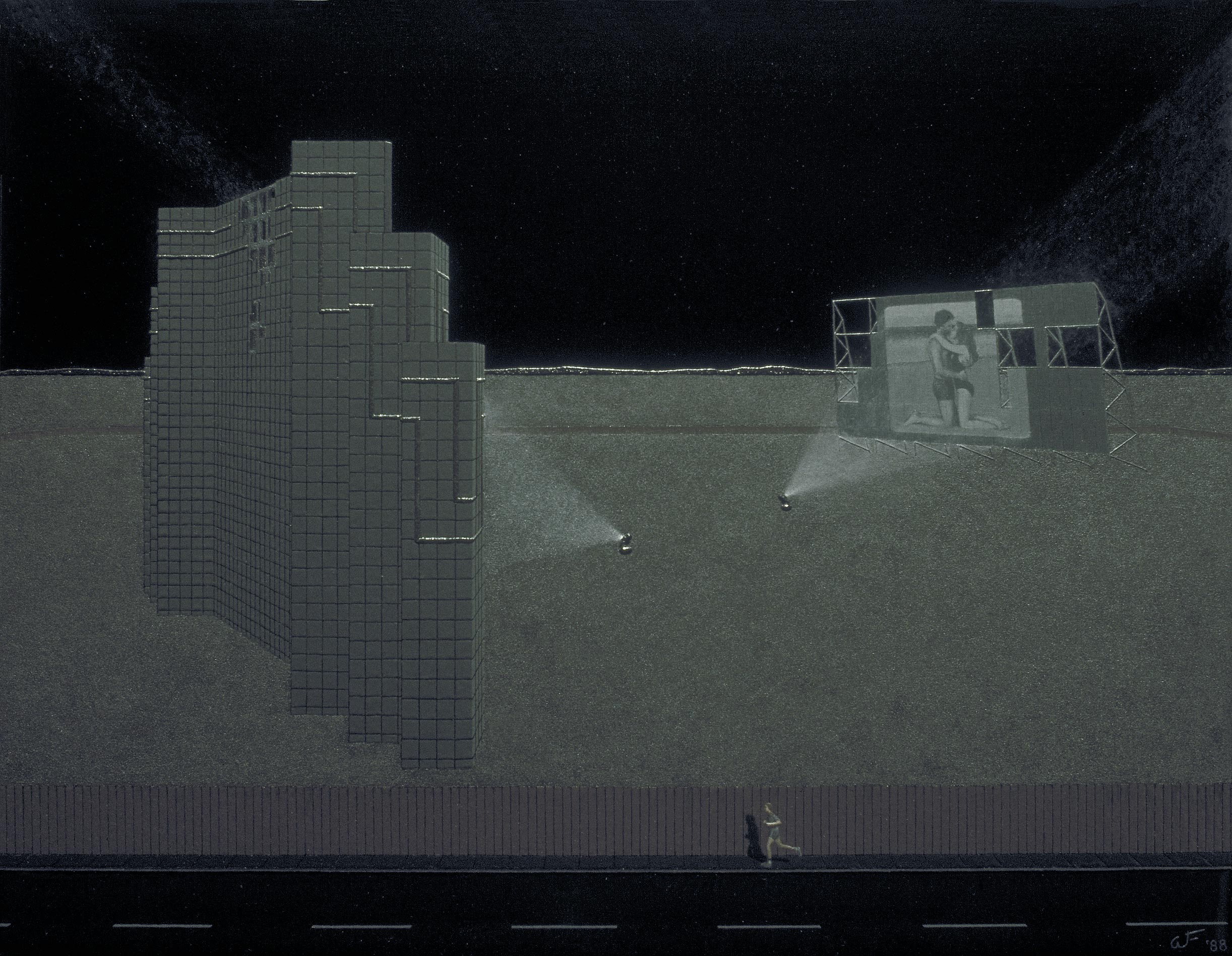 Two ruined drive-in theater screens, apparently in use but unwatched, with a man jogging outside
