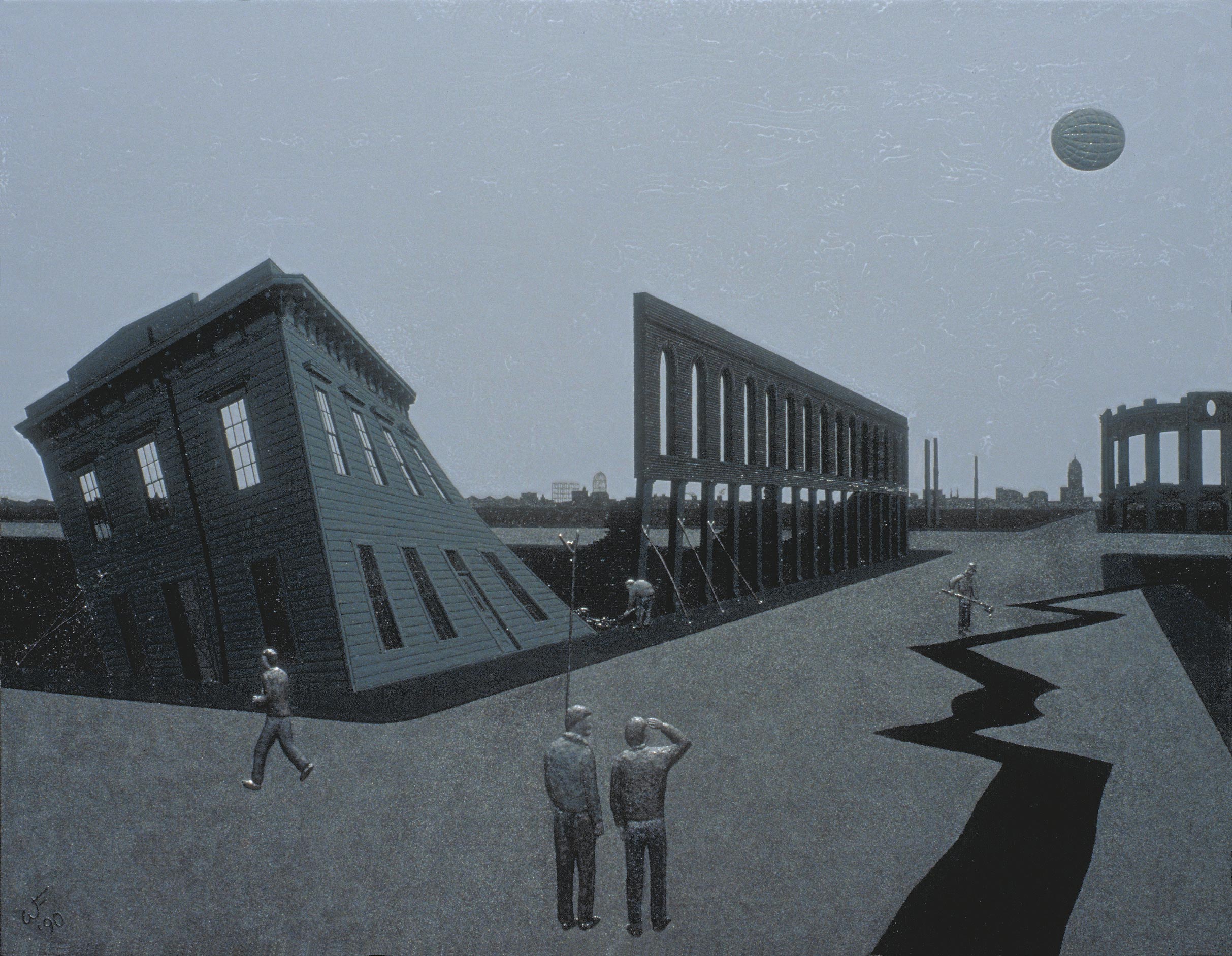 A ruined city, the site of an apparent earthquake and fire, a UFO suspended lazily in the sky