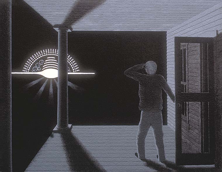 A brilliant, complex UFO surprises a lonely resident at night, who has just stepped outside onto his porch