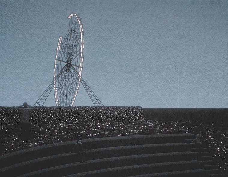 Painting of a scene at an amphitheater, a wheel structure in the distance
