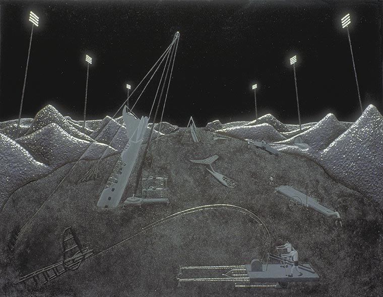 Painting of two-man teams competing to pull crashed airplanes out of the ground using various contraptions