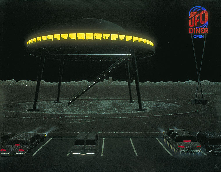 A fictional diner resembling a flying saucer, with strange-looking vehicles to match