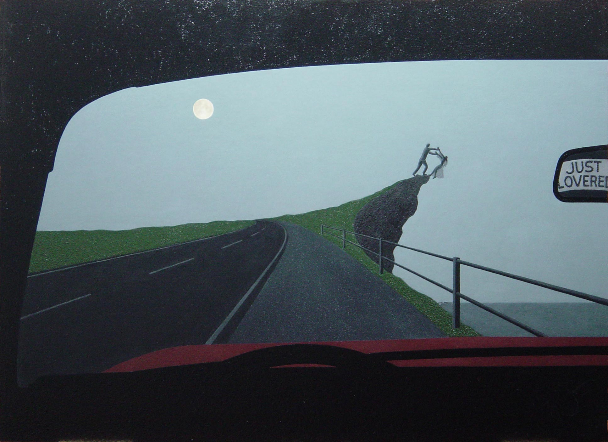 View from the driver's seat of a car, showing a man and woman on a cliff under a moonlit sky, the words 'JUST LOVERED' written on the back window and visible in the rearview mirror
