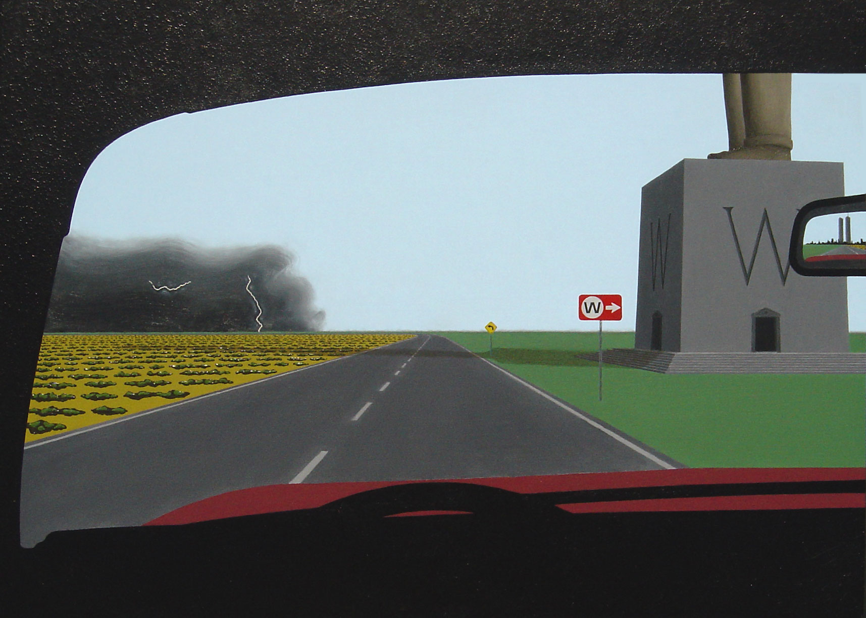 view from the driver's seat of a car, showing a group of playful but troublesome volcanos