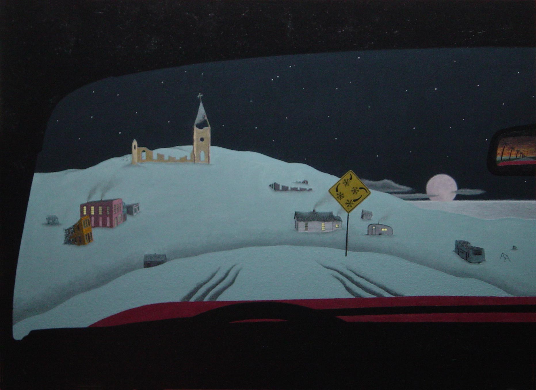 view from the driver's seat of a car, showing a road indicated by mere tire tracks in the snow dead-ending at a small snow-bound community