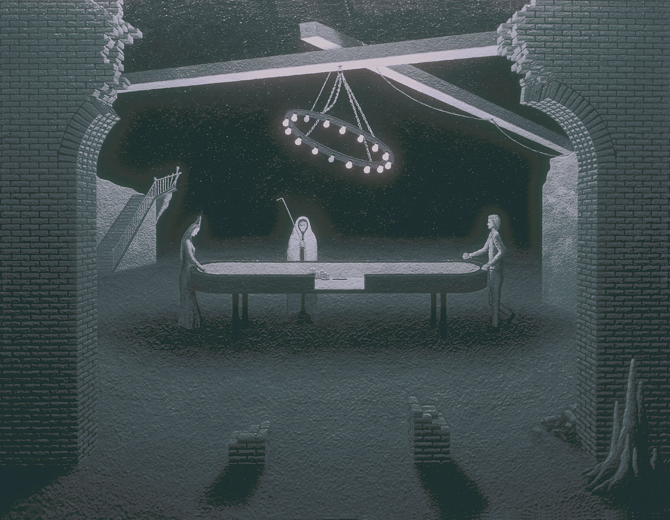 In a ruined, roofless structure a game of craps-- for life or for death-- is in progress