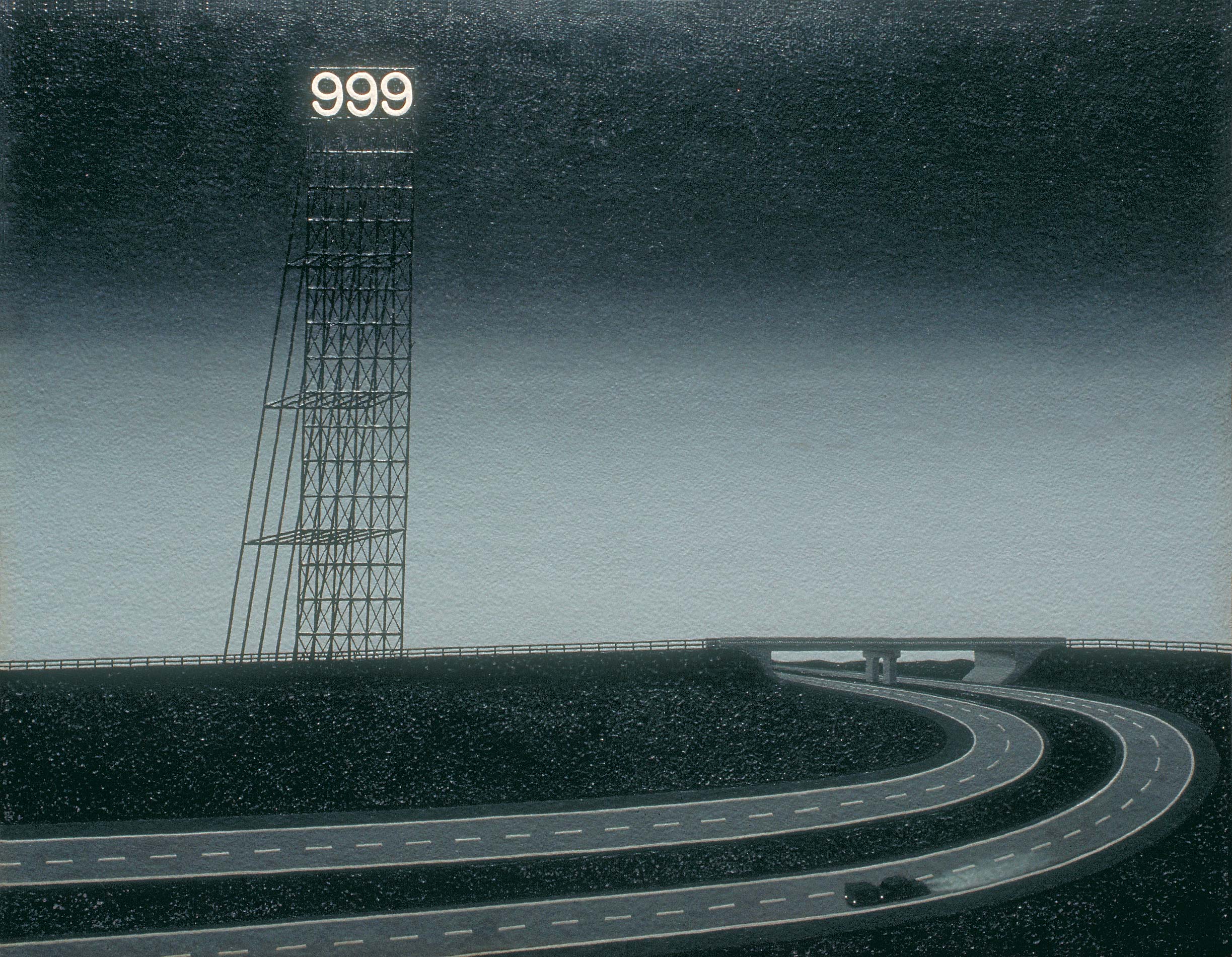 A solitary vehicle on a lonely highway, pulling a small trailer and approaching a huge but ambiguous sign