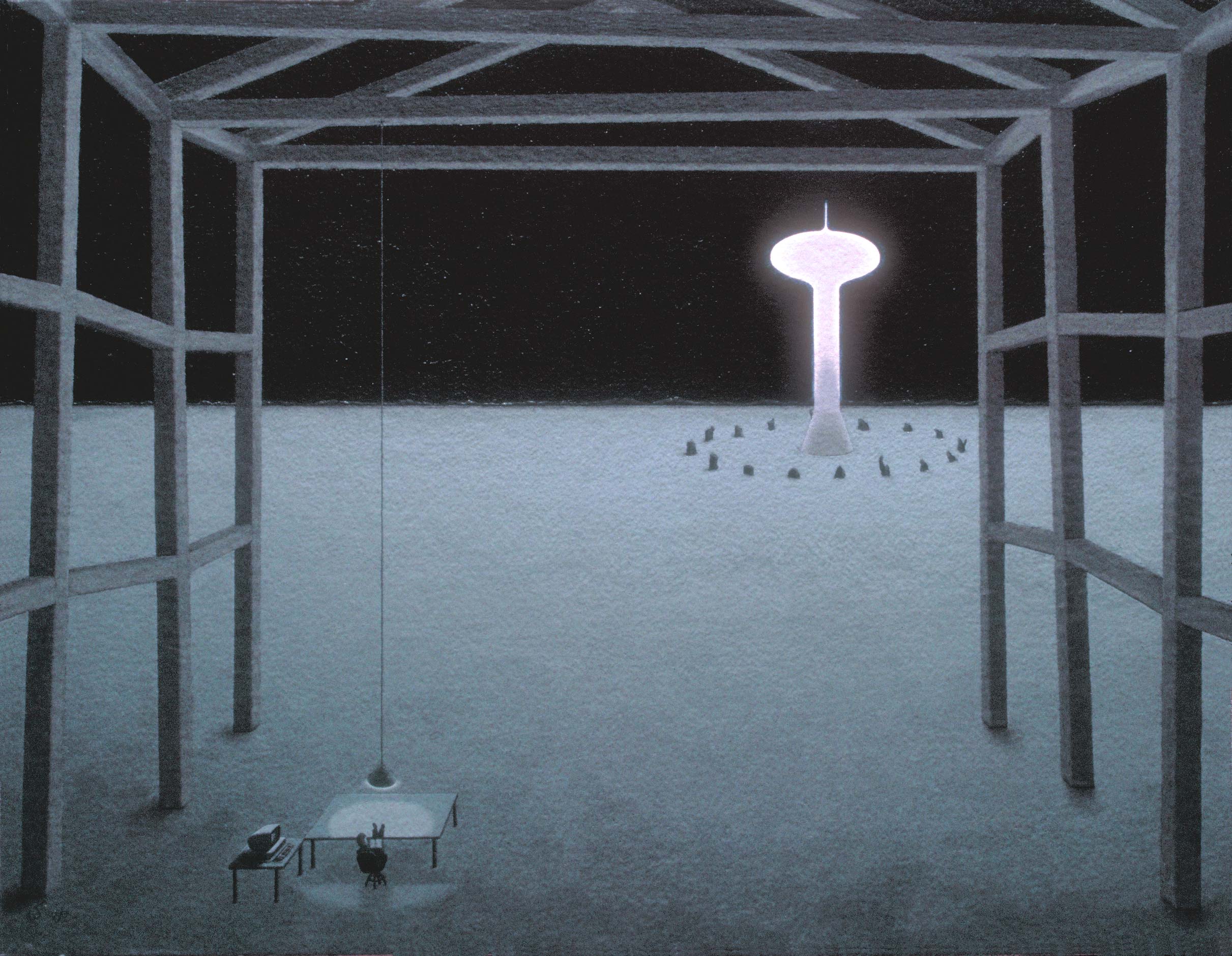 Framework of a huge structure wherein a solitary figure sits at a workstation