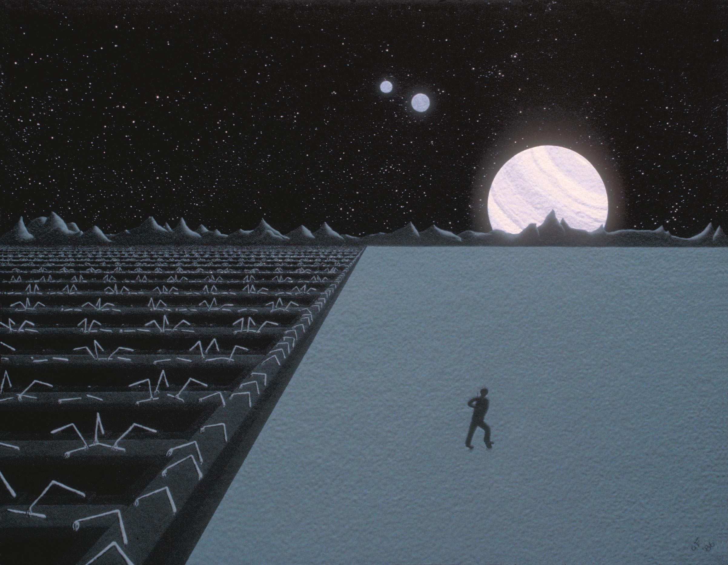 Scene on a distant planet-- a lone figure breaks ground while robot arms self-replicate