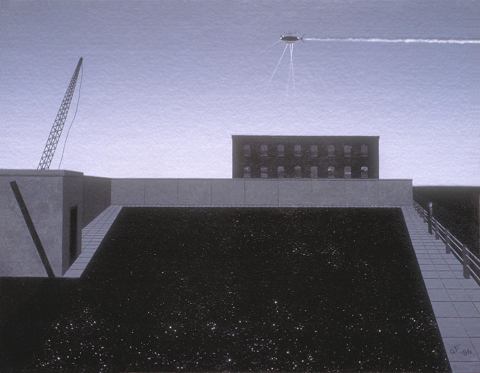 Painting of an imaginary riverfront, where a solitary figure gazes out toward the river