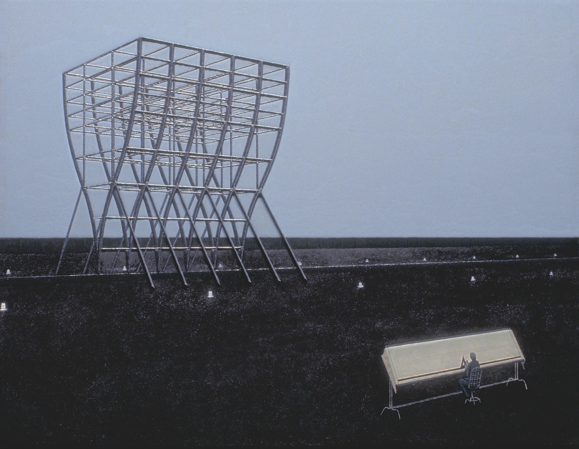 A partially-constructed steel framework, a lone draftsman working on a drawing of a ship