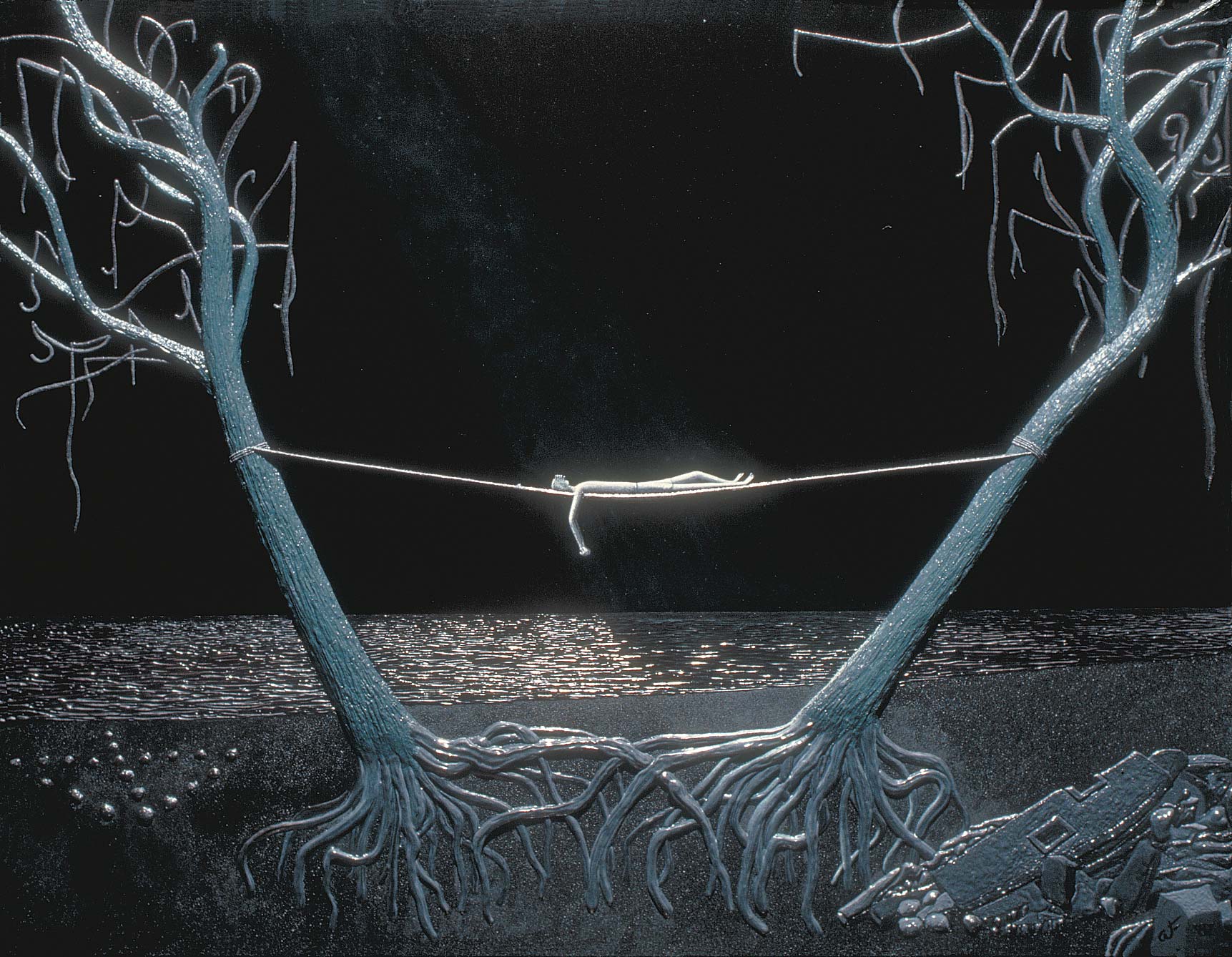 A figure in a hammock on a beach at night, a beam of light angling down from the sky and illuminating his entire person