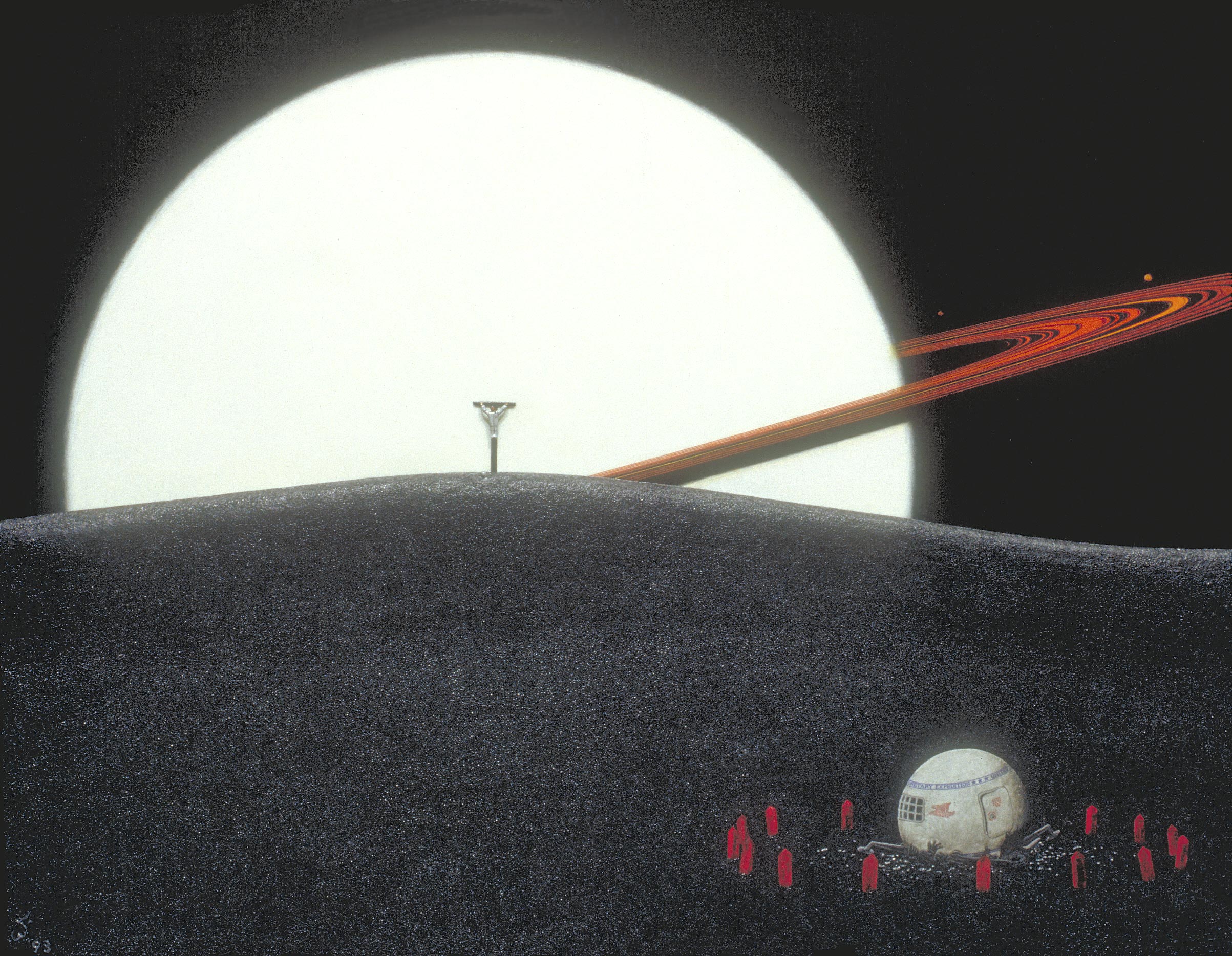 A crucified astronaut on a distant world, perhaps a moon of the giant ringed planet that fills the sky behind him