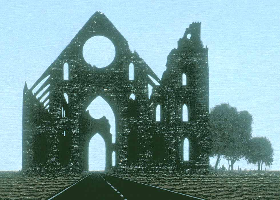A view from the driver's seat of a car, showing the highway going through the ruins of a church-- here focusing on the church and the overgrown cemetery adjoining it