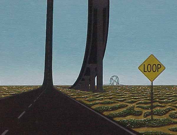 Detail of a painting depicting a view out the windshield of a car, here focusing on the unusual obstacle immediately ahead.