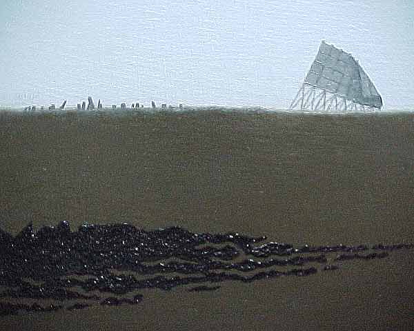 Closeup of cemetery and screen in the distance, debris field in foreground.
