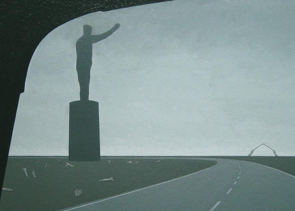 View from the driver's seat of a car, showing highway running through desert-- detail of statue, bombs, and sabers