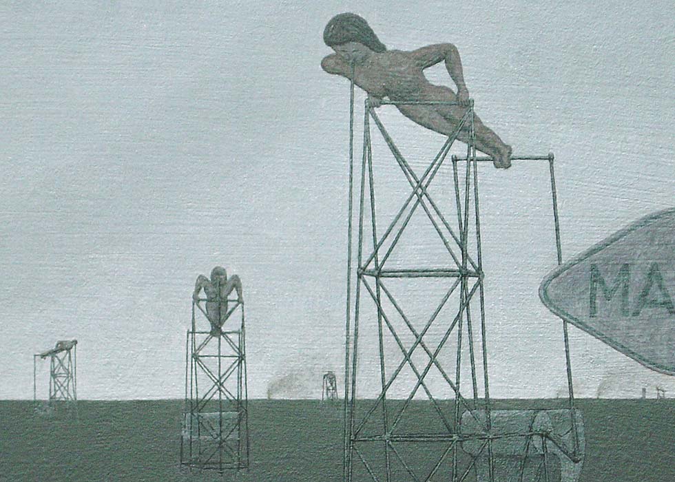 View from the driver's seat of a car, showing highway running through desert-- detail of pumpers to left of sign