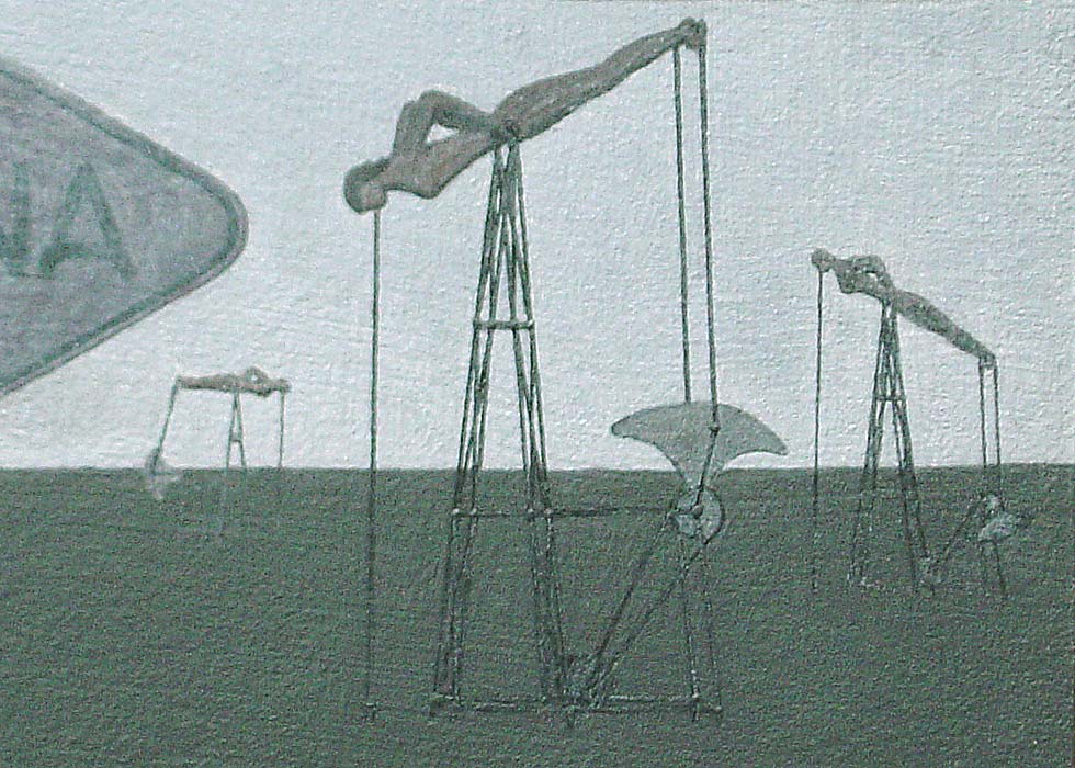 View from the driver's seat of a car, showing highway running through desert-- detail of pumpers to right of sign