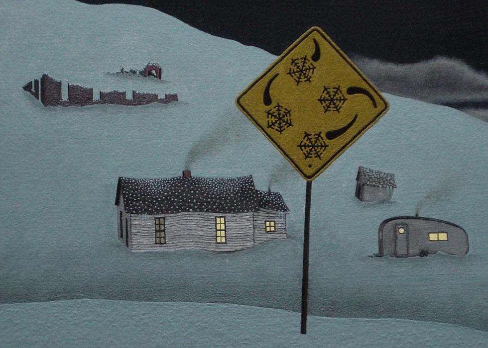 detail of sign and snowscape center