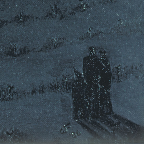 detail of remains of speaker stands and huddled group of three people in lower right-hand corner