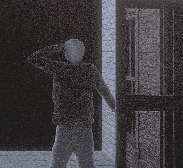 Detail of resident on front porch, surprised at night by a brilliant, complex UFO