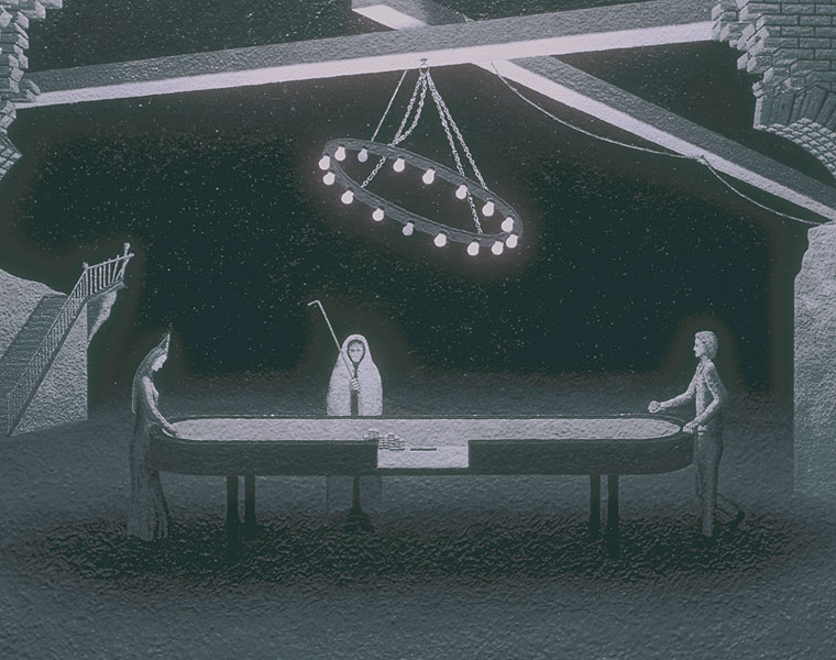 Detail of a game of craps-- for life or for death-- showing three characters representing (respectively): life, death, and a protagonist