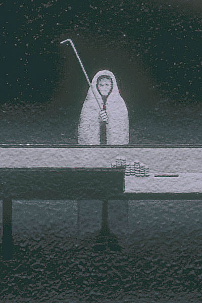 Detail of a game of craps-- for life or for death-- showing the stickman, here representative of death