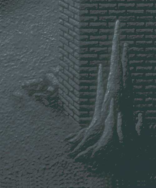 Detail of a game of craps-- for life or for death-- showing a portion of the brick structure of the ruin, in front of which is-- oddly-- a stalagmite cluster
