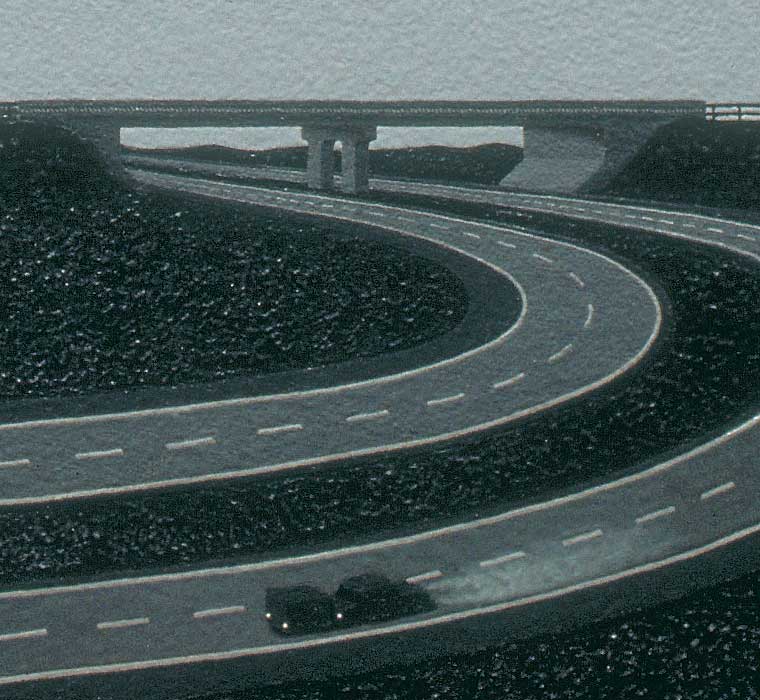 Detail of a lonely highway painting, focusing on the overpass and car