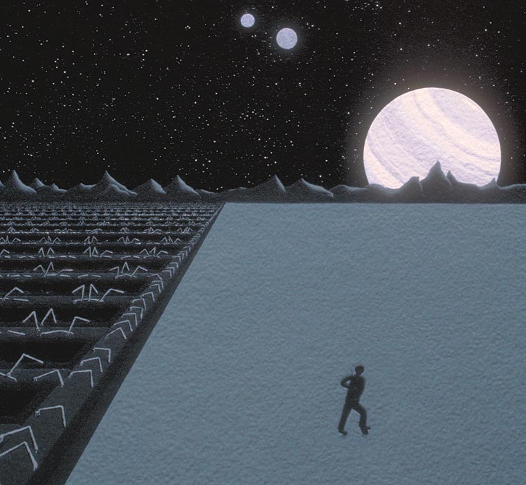 Detail of planets, mountains, robots, and figure