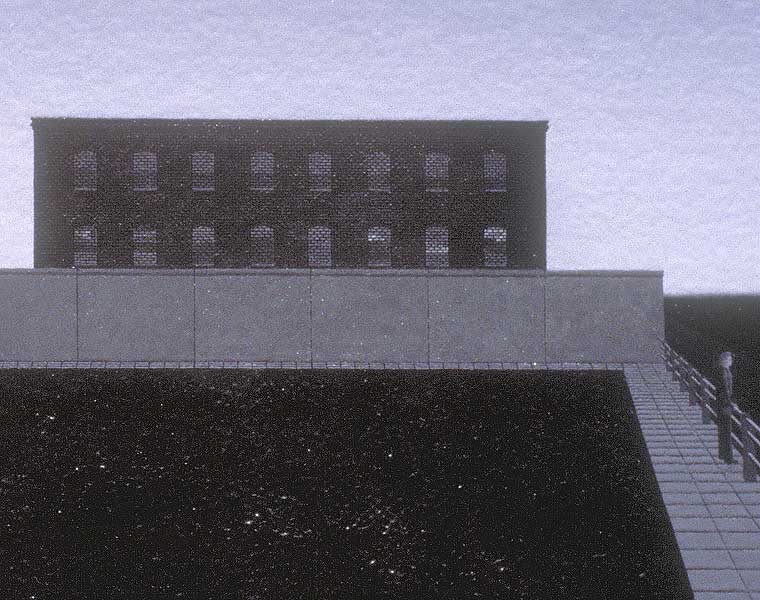 Detail of building, floodwall, and figure