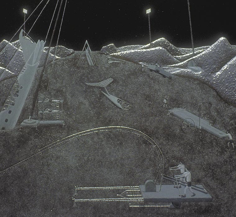 Detail of painting of two-man teams competing to pull crashed airplanes out of the ground using various contraptions, focusing on pull teams