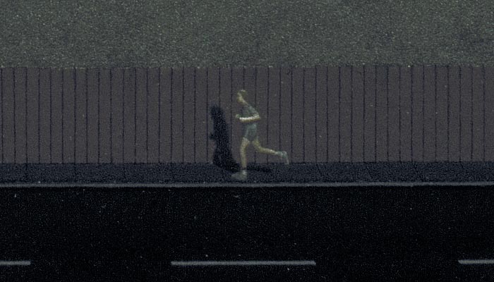Detail of a painting of two ruined drive-in theaters, focusing on the jogger