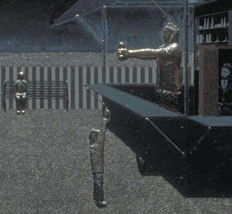 Detail of figure on bench, child, and Indian