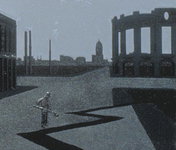 Detail of distant buildings and man filling crack