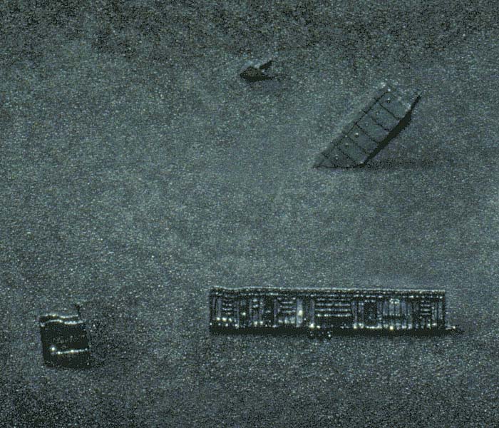 Detail of painting depicting a search for earthworms by vibration of a implanted spade, here focusing on the rising segmented trailer with the small round windows as well as the rising mobile home that is skinless, yet completely furnished, decorated, and electrified