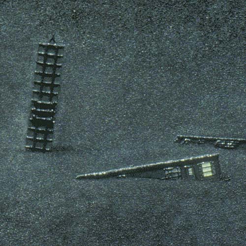 Detail of a search for earthworms by vibration of a implanted shovel, here focusing on other rising and floating mobile homes in the scene, including the almost-vertical trailer