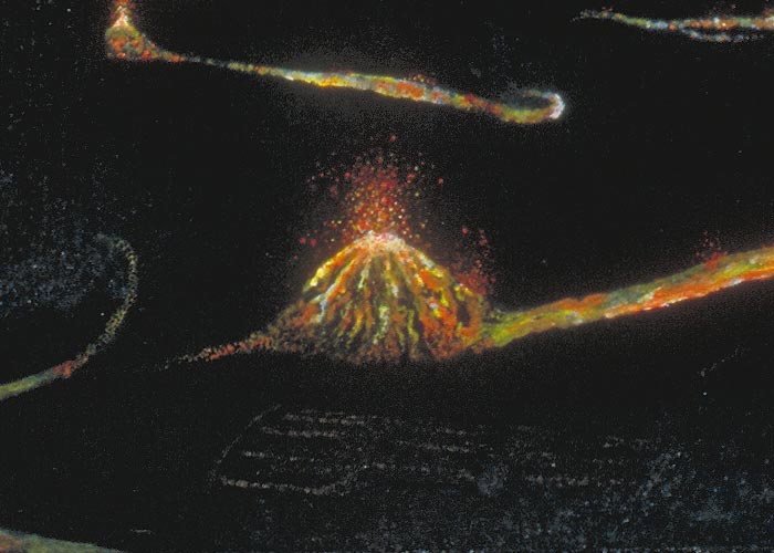 Detail of an apocalyptic vision concealed behind a pair of innocuous-looking barn doors, focusing on a mini-volcano and fissures.