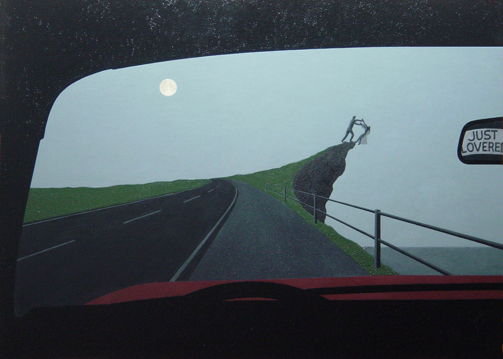 View from the driver's seat of a car, showing a man and woman on a cliff under a moonlit sky, the words 'JUST LOVERED' written on the back window and visible in the rearview mirror