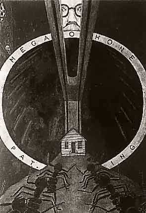 Figure pointing megaphone (megalophone) at ant farm