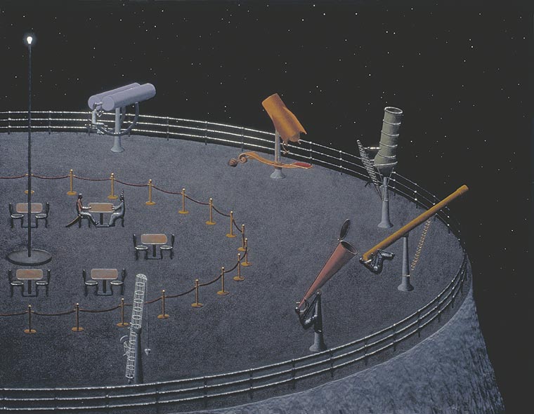 People looking out through fanciful telescopes from high atop a flattop peak