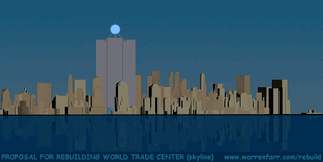 PROPOSAL FOR REBUILDING WORLD TRADE CENTER (skyline at twilight, with illuminated globe)